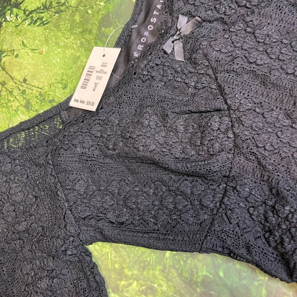 NWT Aeropostale Long Sleeve Ruched Stretch Lace Top Cropped Tight Babydoll
